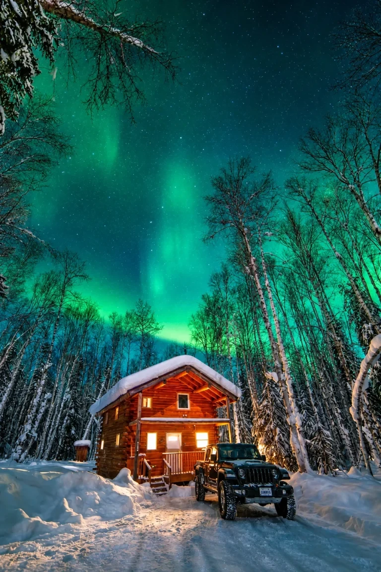 Aurora Borealis Explodes Over a Snow-Buried Log Cabin