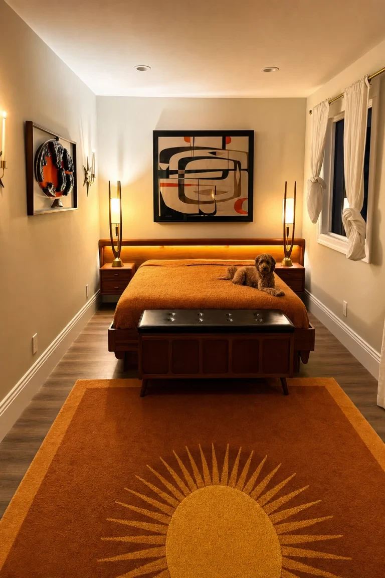 Glowing Amber Bed Platform Anchors This Whole Room