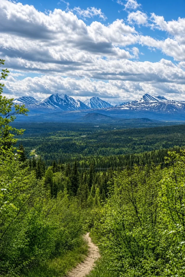 Narrow Trail Cuts Through Wilderness to Snow-Capped Peaks